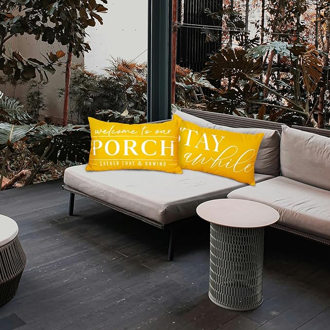 TAJWE Yellow Outdoor Pillow Covers Waterproof 12x20 Set of 2 Welcome to Our Porch Stay Awhile Cushion Cases for Patio Furniture Sofa Couch Decor