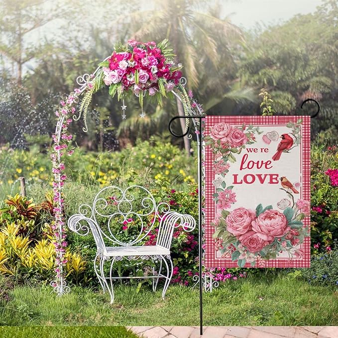 Pfrewn Valentine House Flag 28 x 40 Double Sided, Red Rose Floral Cardinal Plaid Garden Yard Flags Welcome Spring Outdoor Indoor Banner for Wedding Party Home Decorations