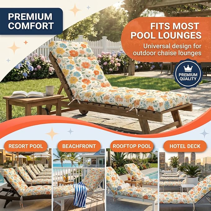 MAGIC ELEPHANT Chaise Lounge Cushion Outdoor, Memory Foam Patio Lounge Chair Cushion with Ties for Outdoor Furniture, 74 x 22 x 4 Inch (Multicolor Floral)