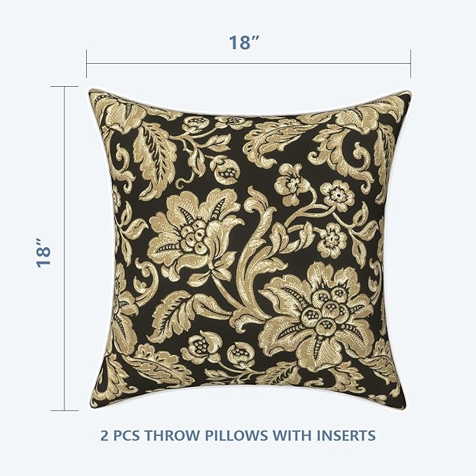 LVTXIII Outdoor Throw Pillows 18x18 Patio Waterproof Square Pillows with Piping Fade Resistant Accent Pillow for Spring Summer Garden Decoration, Set of 2, Jacobean Black