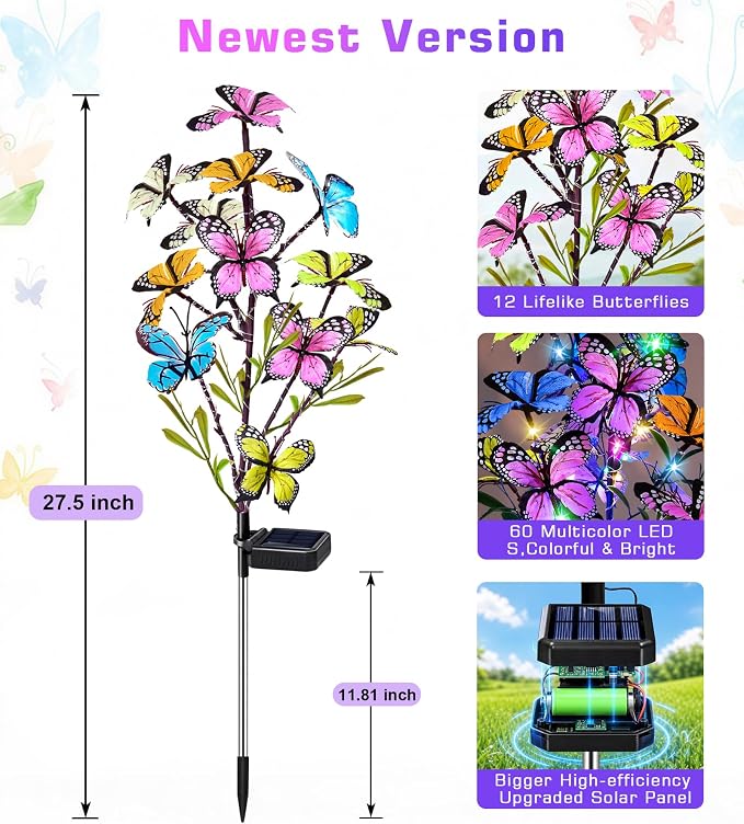 Solar Garden Lights Outdoor Waterproof Garden Decor, 4 Pack Upgraded 240 LED 54 Butterfly Colorful Outdoor Solar Decor for Yard Patio Gifts for Womens Mom