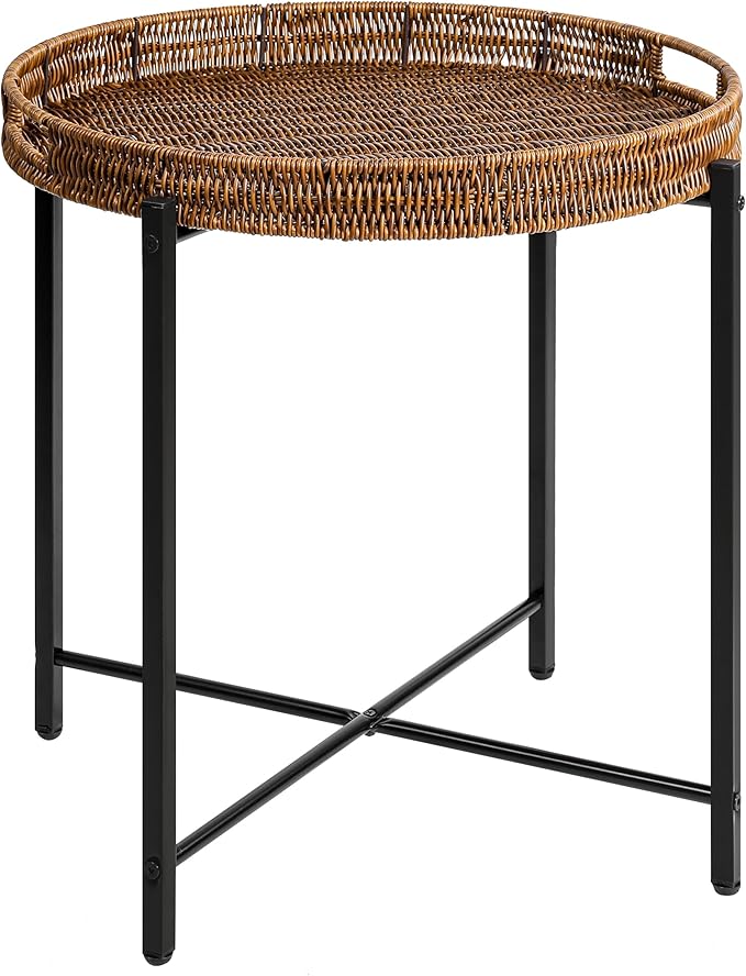 DINGTAI Brown Small Round End Table, 19in Rattan End Tables, Wicker Rattan Side Table, Round Sofa Side Table, Indoor Outdoor Side Tables for Patio, Living Room Bedroom Office