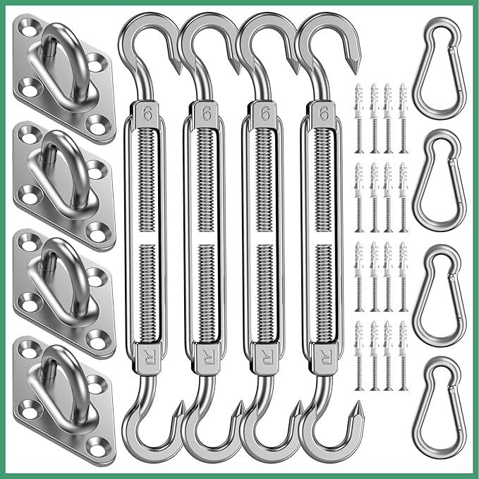 Sun Shade Sail Hardware Kit: 6 Inch Stainless Steel Sun Sail Hardware Kit for Triangle & Rectangle Shade Sail Canopy Installation, 44 Pcs Sunshade Hardware for Sun Shades Outdoor Patio Garden Backyard