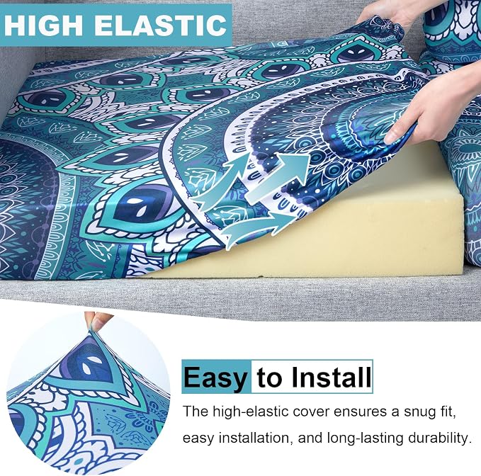 pickyNproud 8Pcs Patio Cushion Covers Stretch Outdoor Couch Cushions Slipcovers Replacement Washable Furniture Protector with Elastic Bottom Sofa Chair Seat Cover, Teal Mandala
