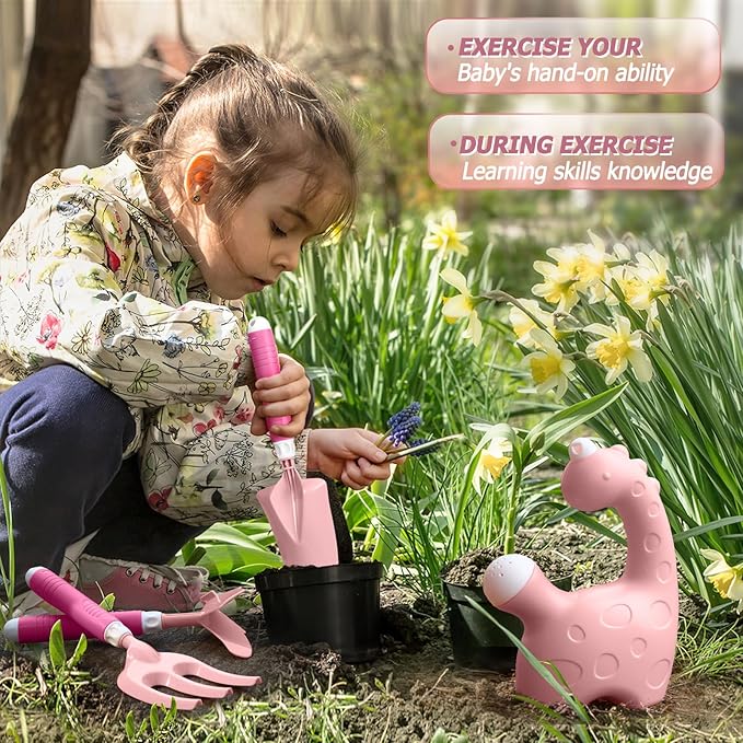 Qtioucp 16Pcs Kids Gardening Tools Outdoor Toys Set Backyard Play with 93 PCS DIY Flower Garden Building Preschool Activities (Pink)