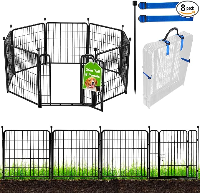 ADAVIN Metal Garden Fence with Gate, 36 in(H) 8 Panels Heavy Duty Iron Animal Barrier Fence, Indoor or Outdoor Dog Playpen, Camping Fence, No Dig Garden Border Fencing for Yard. Total 17.7 FT(L)