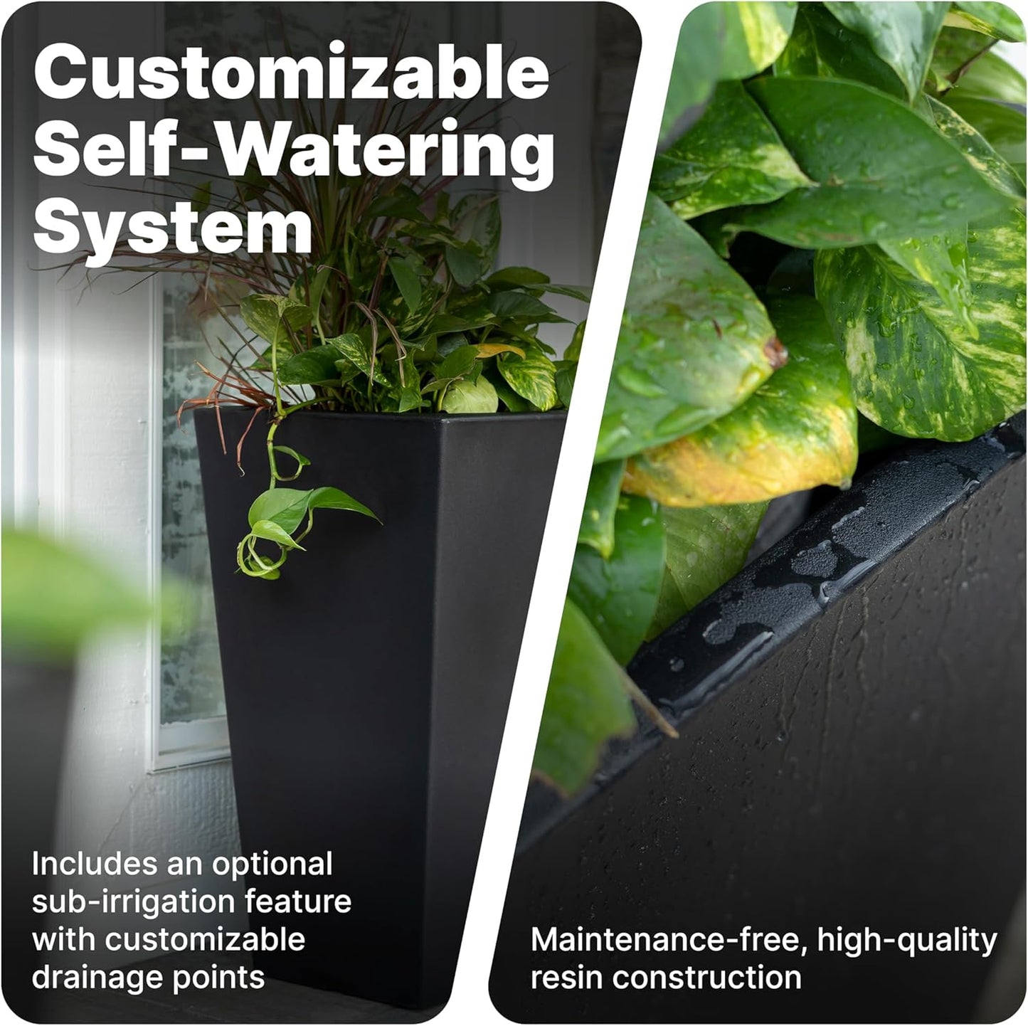 Step2 Tremont Tall Square Tapered Planter, Large Planters for Outdoor Plants, Gardening and Flower Pot for Patio or Porch, Efficient Drainage, Durable Plastic, Onyx Black, 1-Pack