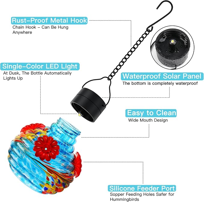 VOREEN Hand Blown Glass Solar Hummingbird Feeder for Outdoor Garden, Waterproof 17oz Hanging Feeder with Colorful Tail Pattern & LED Light, Daytime Bird Feeder & Night Decorative Lantern