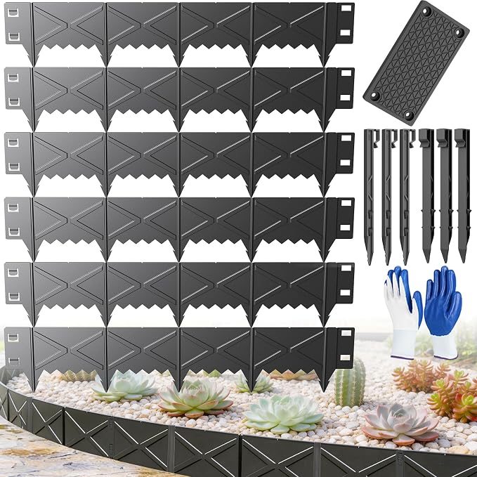 Hlogree 6 Pack Metal Landscape Edging, Garden Edging, Garden Border with 6 Pcs Anchor Stakes, No-Dig Hammer-in Heavy Duty Metal Edging Border for Flower Bed, Yard & Pathway (X-Shaped Black, 8inch)