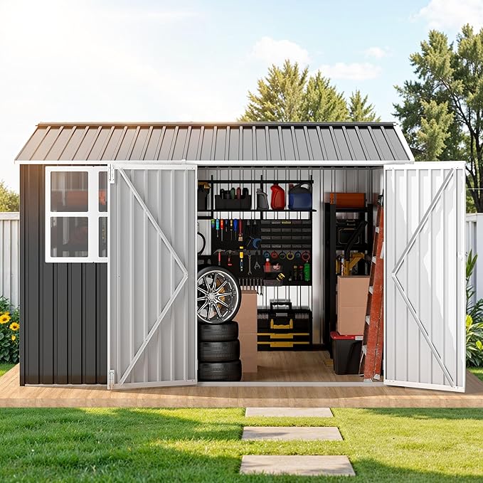 DWVO 10x10ft Large Tool Storage Shed with Window, Lockable Doors, and Sloped Roof, Oversized Steel Outdoor Storage Shed for Garden, Patio, Garage, Backyard, Lawn(Gray + White)
