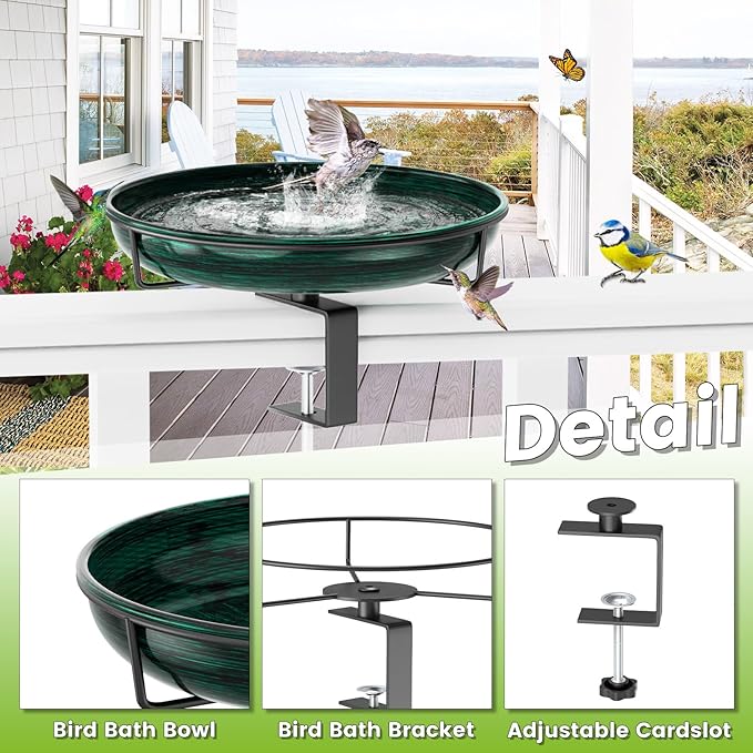 Deck Mounted Metal Bird Bath for Outside, Detachable Birdbath Bowl with Adjustable Steel Clamp, Outdoor Bird Feeder for Railing Balcony Fence Yard Art Garden Decor (Vintage Green)