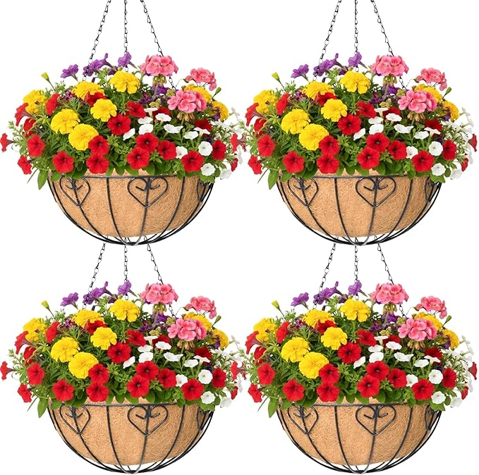 4 Pack 14 Inch Hanging Metal Planters for Outdoor Plants, Modern Black Solid Rectangular Hanging Baskets with Coco Coir Liner