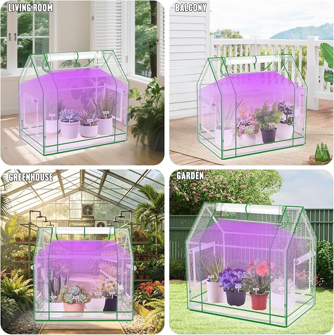 [CareForge] Mini Greenhouse Indoor with Grow Light & PE Bottom Mat, 27.5x19.6x27.1 Tabletop Greenhouse for Seed Starting, Portable Small Greenhouse for Outdoors, Multi-Window & 4 304 SS Labels