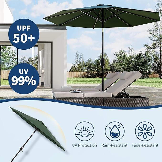 Garvee 10 ft Patio Umbrella - 8 Sturdy Ribs Outdoor Table Umbrella with Crank Lift & Push Button Tilt - Market Umbrella for Pool, Deck, Yard, Garden - Dark Green