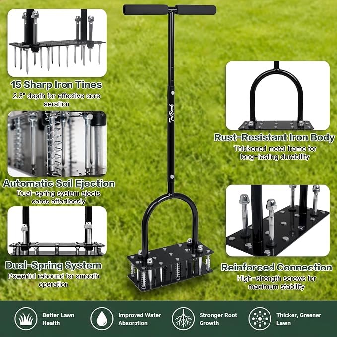 Lawn Aerator, Automatic Dirt and Leaf Clean Design, Heavy Duty Manual Lawn Aerator Tool with 15 Iron Spikes, Height Adjustable, Yard Grass Aerator for Lawn.