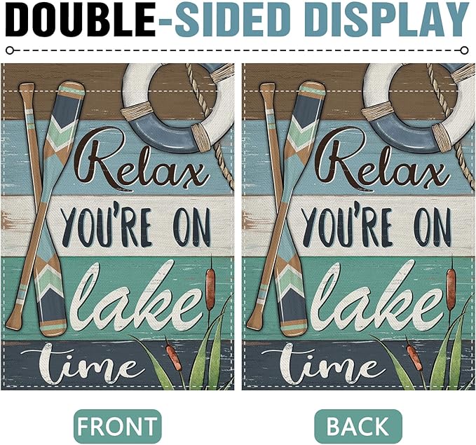 Dyrenson Relax You're on Lake Time 28 x 40 House Flag Double Sided, Spring Summer Lakehouse Paddle Life Buoy Garden Yard Decorations, Farmhouse Burlap Outdoor Decor Decorative Large Flag