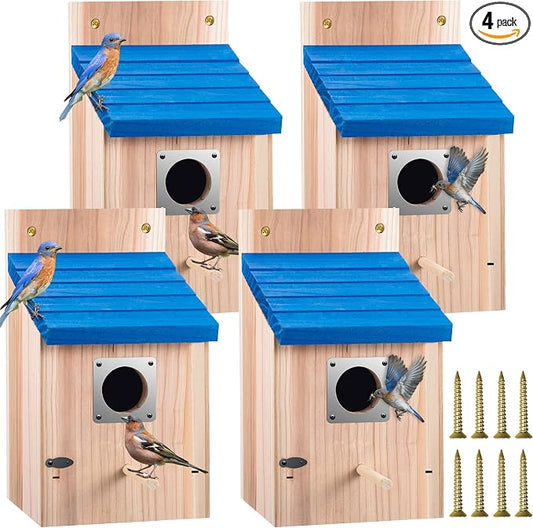 Dreyoo 4 Pack Bluebird Houses for Outside, 1-1/2'' Entrance Hole Wooden Bluebird Houses for Outdoors with Metal Guard, Secure Latch, Fledgling Grooves, Air Vents (Blue Roof with Wood Body)