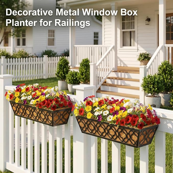 HFHOME 24 Inch Railing Planter Box with Coco Liners for Porch Fence Patio Balcony Hanging Flower Railing Baskets with Adjustable Brackets for Outdoor Garden - 6 Packs