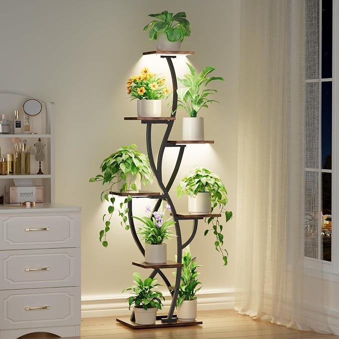 EVAWOO Plant Stand Indoor with Grow Lights - 58" Corner Plant Shelf Indoor, 7 Tiered Tall Lighted Plant Stand for Indoor Multiple Plants, Flower Stands Display Rack Holder for House, Patio, Black