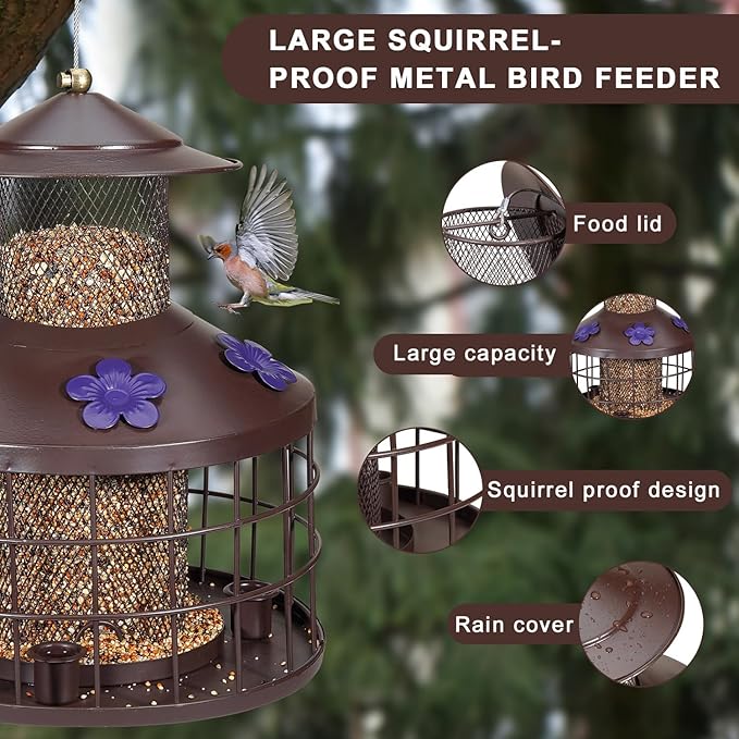 Squirrel Proof Bird Feeder with 3 Water Cups, 4.2LB Large Capacity Outdoor Hanging Bird Feeder with Metal Cage, One-Piece Design No Assembly Needed, Weather Resistant & Stylish for Garden, Yard
