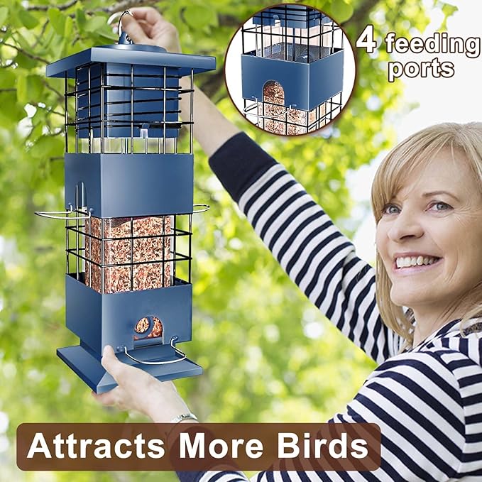 Squirrel Proof Bird Feeder, 3LBS Anti-Squirrel Bird Feeders for Outdoors Hanging,Weight-Activated Perches Metal Wild Birdseed Feeders for Cardinal Blue Jay Outside (Blue)