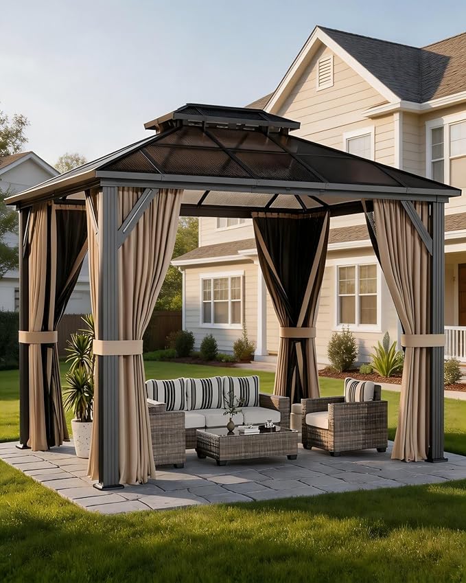 10' x 13' Hardtop Gazebo with Polycarbonate Double Roof, Aluminum Frame Permanent Pavilion with Curtains and Netting, Outdoor Gazebo for Patio Backyard（Khaki）