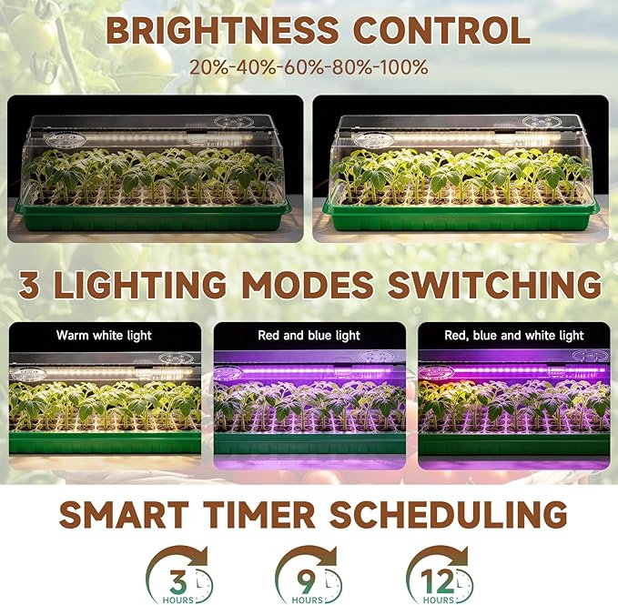 Seed Starter Tray with Grow Light, Seed Starter Kit Full Spectrum with 5 Dimmable Brightness & Timer, Indoor Plant Grow Tray for Beginners & Seasoned Gardeners, Gardening Gifts (Green, 144 Cells)