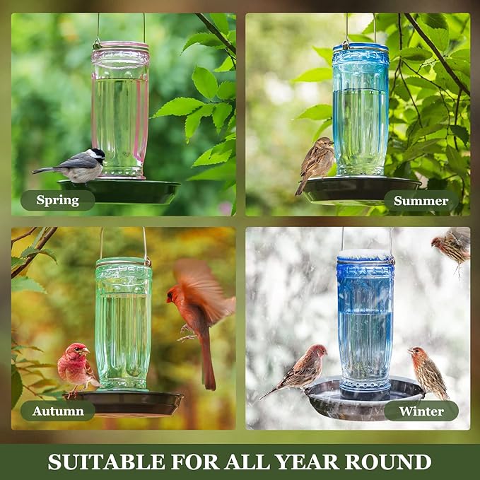 Kingsyard Glass Bird Water Dispenser for Outdoor, 16 Oz, Bird Water Feeder with Metal Hanging for Garden Yard Fence Decoration Hummingbird Cardinal Bluebird Finch, Green