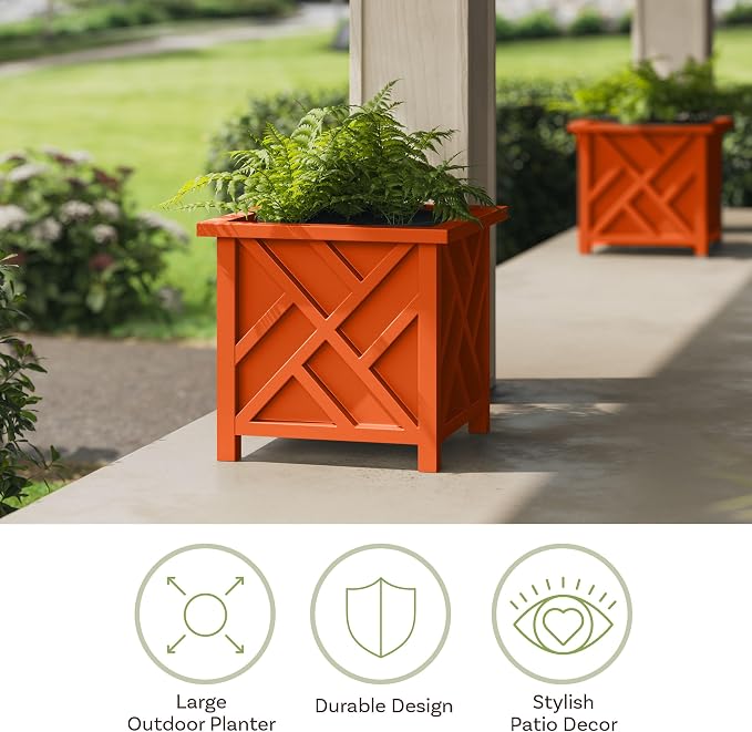 Lattice Design Outdoor Planter Box 2-Pack - 15.5” Square 16.5” Tall Terracotta Decorative Plant Pots for Front Porch Decor - Flower Pots Outdoor Planters for Porch Patio or Garden Decor by Pure Garden