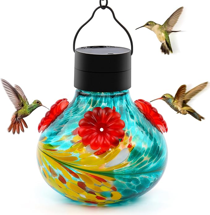 SAVENNA Hand Blown Glass Solar Hummingbird Feeder with Soft Night Light,17oz Leak-Proof Decorative Feeder for Outdoor Garden Patio Yard–Teal & Yellow Phoenix Swirl