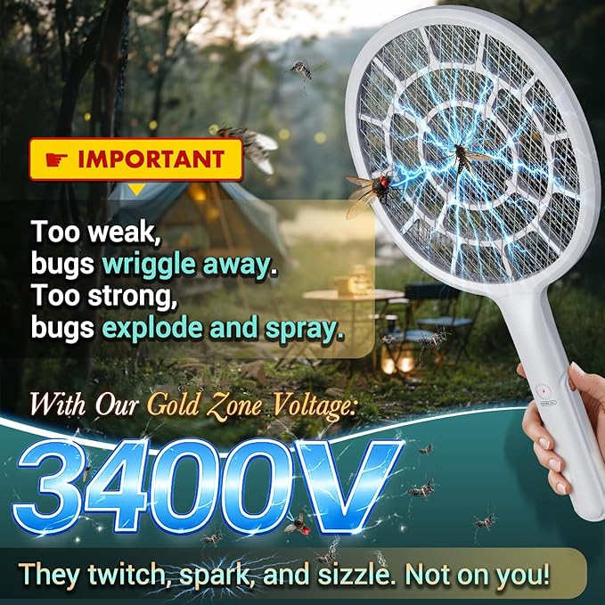 YsChois Electric Fly Swatter, Bug Zapper, Mosquito Zapper Racket | Gold Zone Voltage, Densest 3 mm Mesh, Apple-Like Weight - AA Battery Powered (not incl.) - Indoor & Outdoor Use with Pro Swat Tips