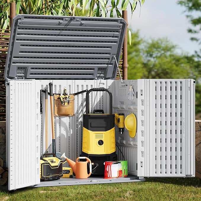 GarveeLife Outdoor Resin Storage Cabinet, 34 Cu ft Outdoor Trash Can Storage Shed Waterproof, Outdoor Resin Storage Box for Patio Tools, Sofa Cushion, Lawn Mower and Garbage Cans
