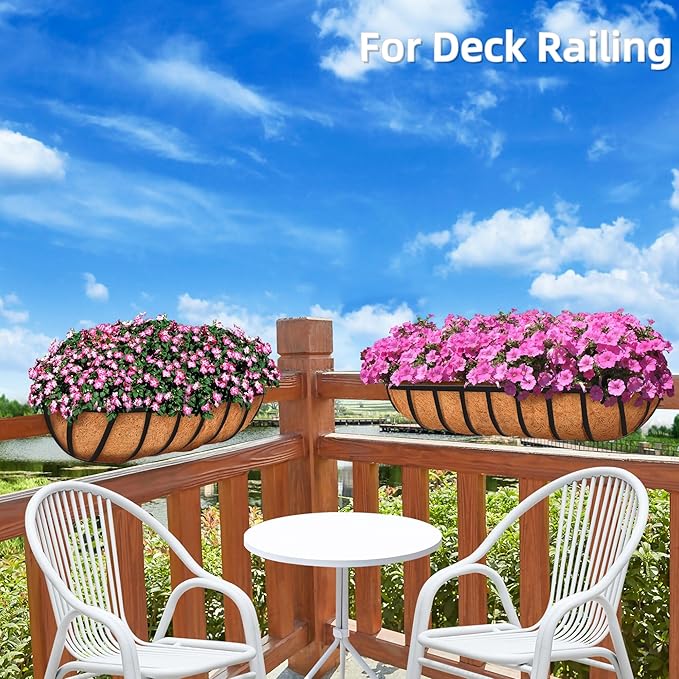 Y&M 4 Pcs Deck 30'' Railing Planters Outdoor Balcony, Large Metal Window Box Deck Railing Planter with Coco Liner for Outdoor Balcony Porch Fence Patio Rail