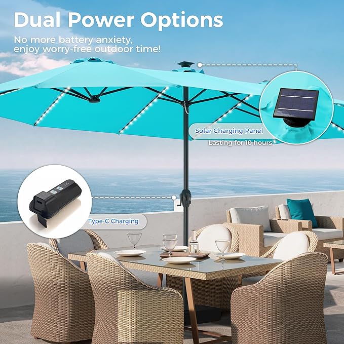 SUPERJARE 15ft Large Patio Umbrella with Base included, Double Sided Outdoor Umbrella with Solar Lights, Pool Umbrella with Fade Resistant Canopy for Deck, Porch, Yard, Balcony, Light Blue