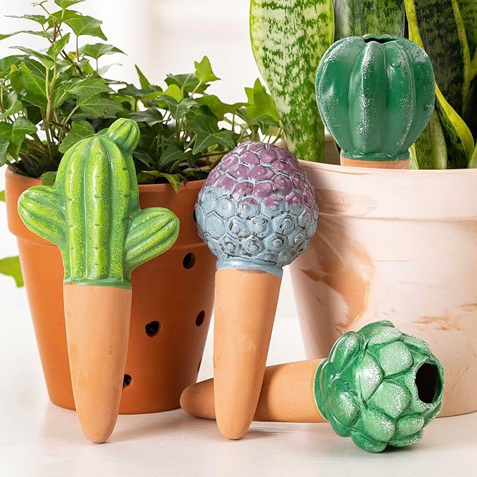 Mother’s Day Gift for Mom from Daughter or Son, 4 Pack Terra Cotta Watering Globes, Handcrafted Cactus Shaped Self-Watering Spikes, Slow Release Plant Water Bulbs for Indoor & Outdoor Pots