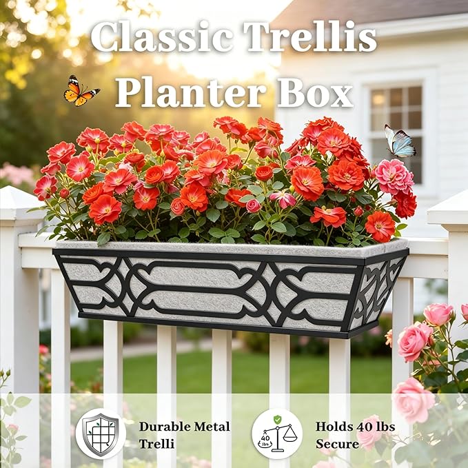 Window Planter Box, Railing Planter Box with Non-Woven Fabric Liners, 4 Pack 24" Hanging Flower Baskets for Outdoor Plants, Metal Deck Railing Planters with Adjustable Brackets, Apartment Balcony