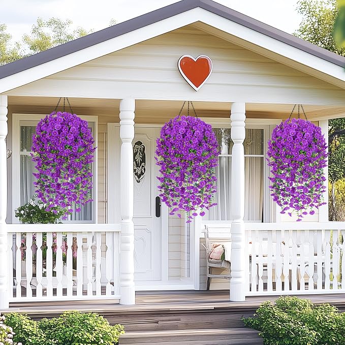 MARTINE MALL 2 Pcs Look Real Artificial Flowers for Outdoors, Realistic Artificial Hanging Flowers for Outdoors, UV Resistant Fake Hanging Plants Silk Petunia Faux Flowers for Porch Patio, Purple