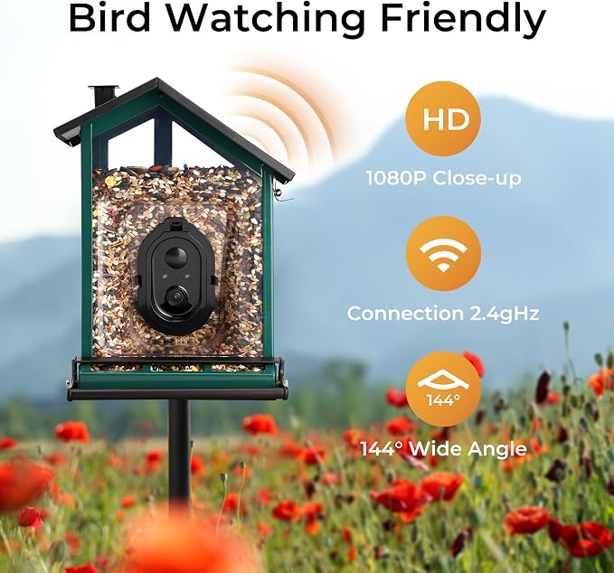 TT Nature Bird Feeder with Camera, Smart Bird Feeder with Heavy-Duty Chew-Proof Metal Casing, Solar Powered, AI Identify & Instant Notifications, 3.2L Large Capacity, Ideal Gift for Mother‘s Day