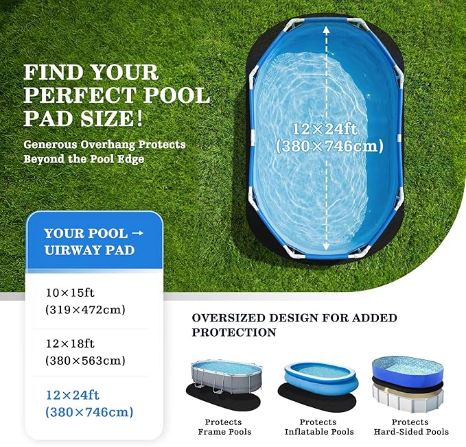 UIRWAY 12 x 24ft Oval Above Ground Pool Liner Pad, [2026 New Pool Pad 300G/M² Thicker] Double Density Puncture Resistant Underlayment Mat, Black Geotextile Material Outdoor Padding for Pool Bottom