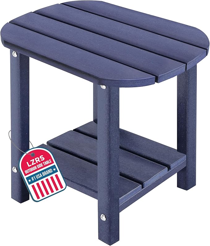 LZRS 2-Tier Patio Side Table, Heavy Duty HDPE Outdoor End Table with Wood Texture, Weatherproof Composite Table for Adirondack Chairs, Deck, Pool, Indoor/Outdoor, No Peeling Cracking(Navy Blue)