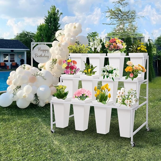 Flower Display Stands with Buckets, 3-Tier Rolling Plant Stand with Locking Wheels - Heavy Duty Metal Flower Cart for Indoor/Outdoor Use, Wedding Decor & Florist Displays (Holds 12 Pots) (Black)