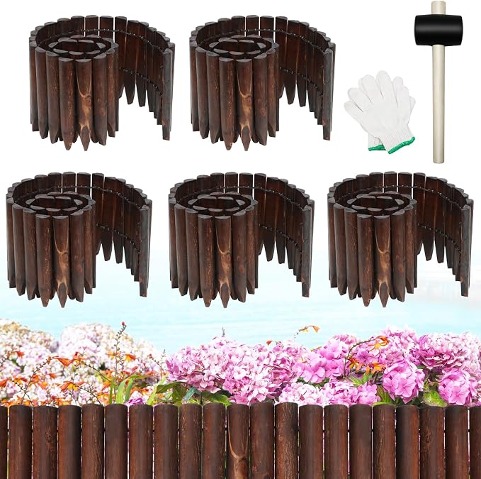 Hicarer 5 Pcs Total 20 ft Wood Garden Edging Fence Border Wood Landscape Border Decorative Flower Bed Barriers with Gloves Hammer for Tree Lawn Yard, 8" H x 47" L for Each(Brown)
