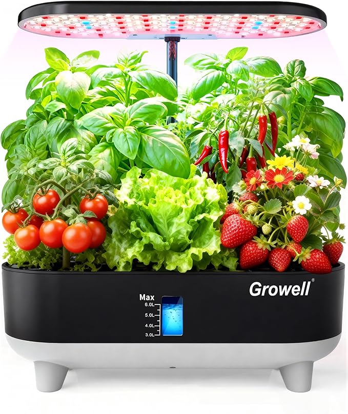 Growell Hydroponics Growing System Kit, 16 Pods, Vertical 8L Indoor Gardening System for Herb Vegetable Fruit, Hydro Garden with LED Grow Light, Smart Water Circulation, 3 Light Modes & 2 Timer, Black