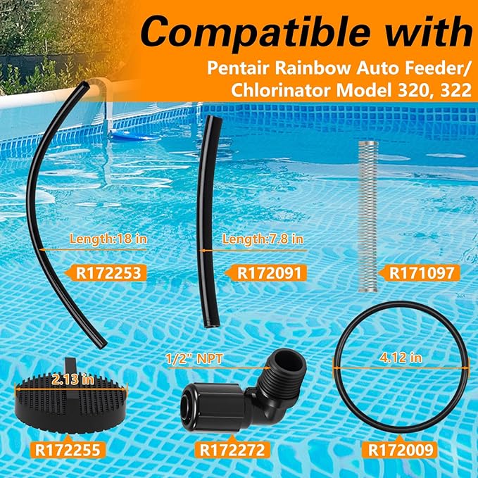 Pool Chlorinator Parts, 1/2" NPT Tube Connector, 5/8" OD Tube, Screen and O-Rings Compatible with Pentair Rainbow Auto Feeder/Chlorinator 320 322 Replace#: R172272 R172091 R172009 R172255
