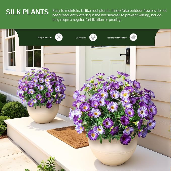 Dark Purple Artificial Morning Glory Flowers for Outdoor Planters, Premium UV Resistant Silk Faux Flowers for Porch, Hanging Basket & Window Box, Elegant Garden Decor, No Pot, 13.3 Inch, 8 Bundles