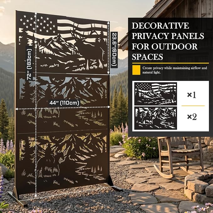 72" H Metal Outdoor Privacy Screen, Western Ranch American Flag Panel | Outdoor Privacy Panels for Balcony, Patio & Backyard, Freestanding Decorative Privacy Panel