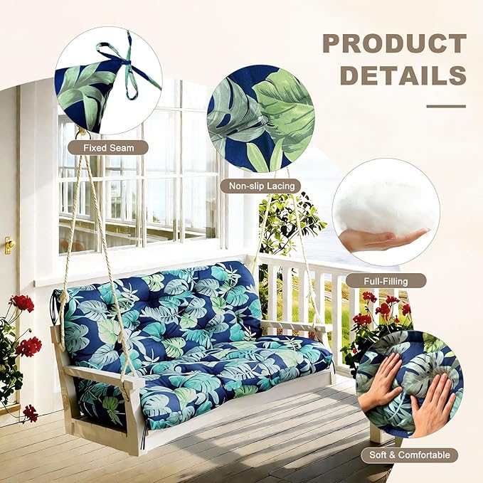Porch Swing Cushion with Backrest,Waterproof Bench Cushion for Outdoor Furniture,2-3 Seater Replacement Thickened Swing Cushion with Ties,Patio,Outdoor,Backyard and Garden (Floral Navy,60x40")