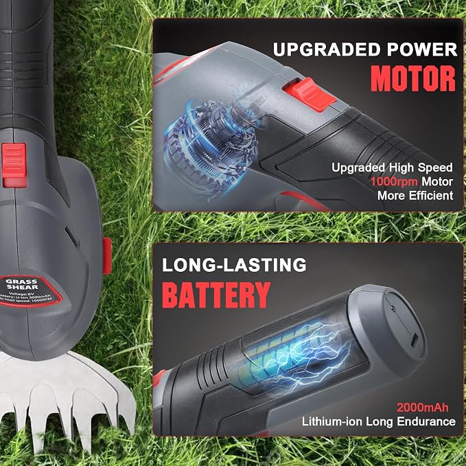 Cordless Grass Shear & Hedge Trimmer, 2 in 1 Handheld Bush Trimmer, 8V Electric Shrub Trimmer/Grass Cutter with Type-C Cable and Rechargeable Lithium-Ion Battery