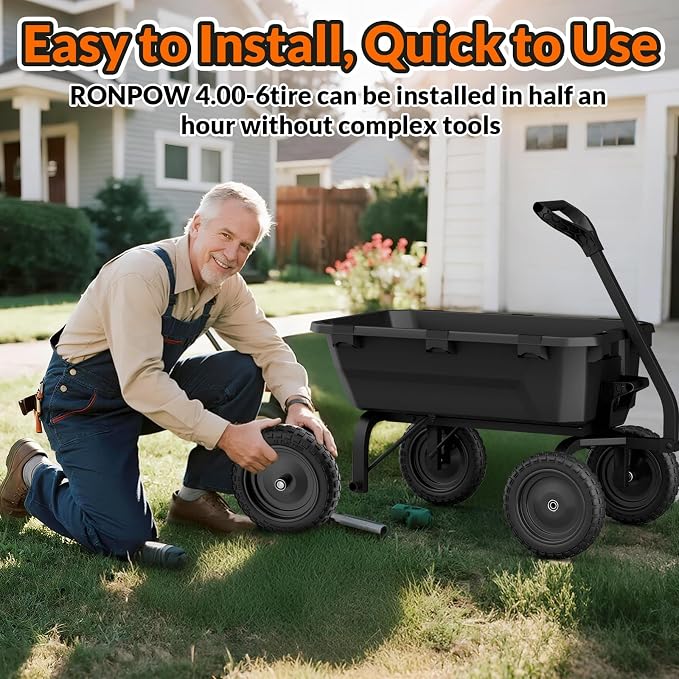 RONPOW 4.00-6 Flat Free Tire and Wheel, 13 Inch Solid Garden Wheelbarrow Tires, 300Lbs with 5/8" & 3/4" Axle Hole, 1"-3.5" Hub for Garden Cart, Wheelbarrow, Hand Truck, for Home Farm, 2Pcs Black