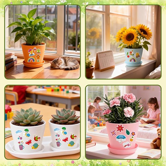 Garden Paper Pot Craft Kit, 36 Durable Resin Garden Pot with Tray Drainage Holes Adhesive Stickers and 40 Colorful Writable Cards, Flower Plant Spring Craft for Classroom DIY Flower Planting